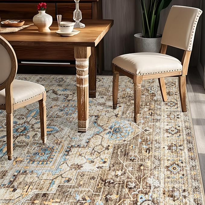 Area Rug 5x7 Vintage Rug: Washable Indoor Medallion Rugs Low Pile Distressed Floor Carpet Retro Accent Rug for Living Room Bedroom Kitchen Dining Table Home Office(Brown/Blue, 5'x7')