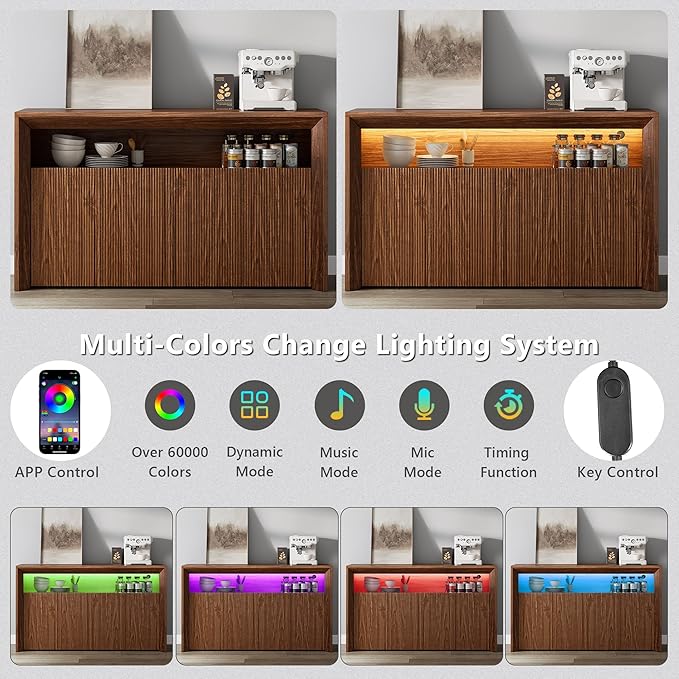 66.2" Buffet Cabinet with Storage and led Lights,Modern Sideboard Cabinet with 4 Doors & Shelves,Fluted Media Console Mid Century Coffee Bar Table for Living Room Kitchen Dining Room,Walnut