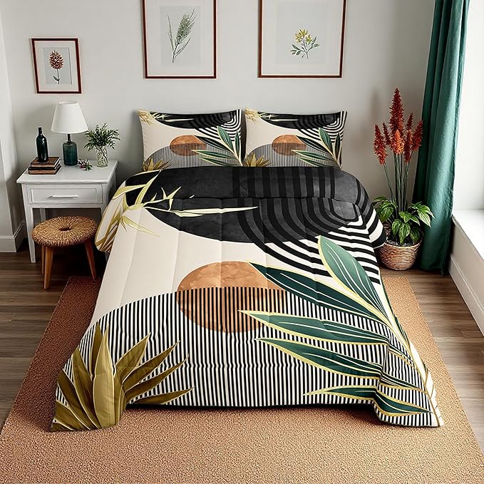 Erosebridal Mid Century Modern Comforter Set Full Boho Botanical Minimalist Bedding Set,Vintage Line Art Down Comforter Modern Simple Abstract Aesthetic Duvet Insert,Black Beige