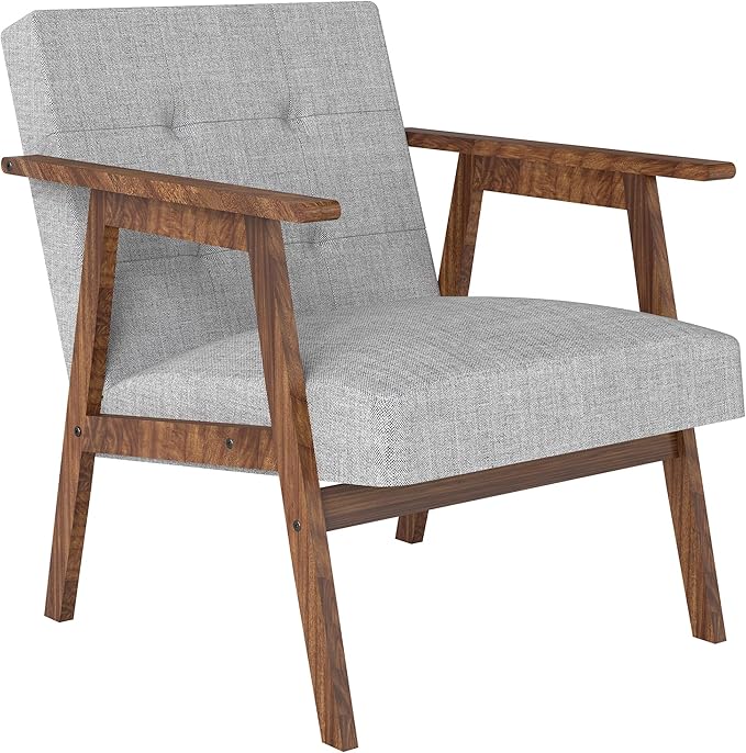 Mid Century Modern Armchair, Upholstered Fabric Lounge Chair with Walnut Finish Frame for Living Room, Comfortable Sofa Chair in Gray