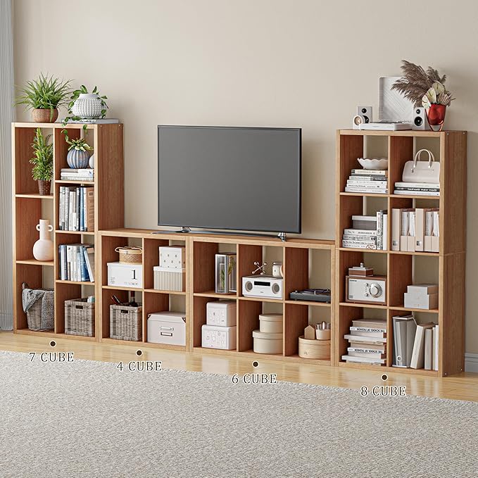 Cube Storage Organizer Bookcase, Decorative 11 inch Open Back Cubical Shelf with Thickened Border, Display Bookshelf for Living Room, Home Office, Sturdy Room (Natural Oak, 6 Cube)