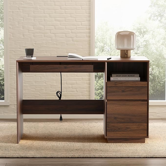EYYTHUNG 47" Office Desk, Home Office Desk with File Drawer & Open Storage & Power Outlet, Large Wooden Executive Desk for Study Writing, Brown