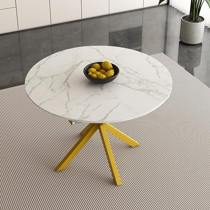 43"-59" Extendable Round Dining Table for 4-6,Modern White and Gold Dining Room Table,Expandable Kitchen Table for Small Spaces