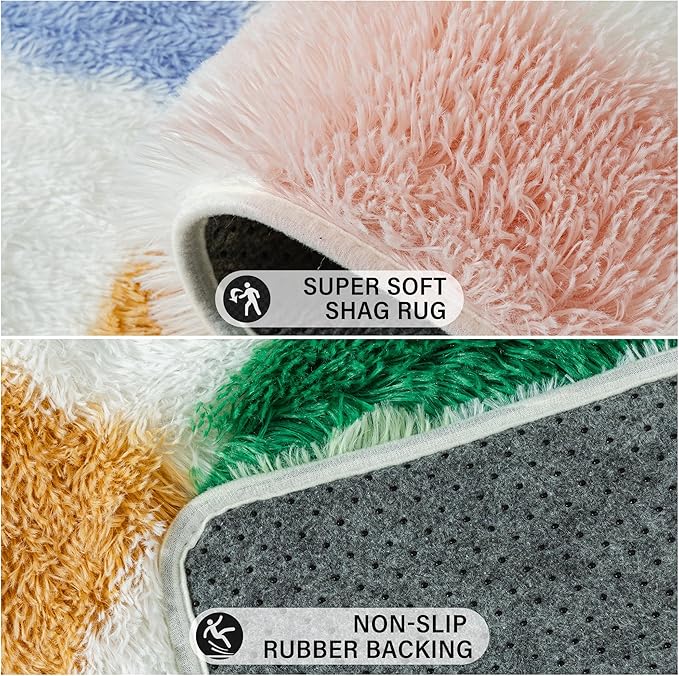 Checkered Rug 8x10 for Living Room, Modern Neutral Shag Rug Washable Non-Slip Large Area Rug Super Soft Indoor Fuzzy Carpet Fluffy Rugs for Bedroom Home Aesthetic Decor
