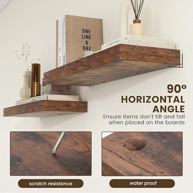 Deep Floating Shelves | 36 Inch Brown Floating Shelves Set of 2 | 12 Inch Deep Rustic Wood Shelves for Wall | 36" W x 12" D Brown Shelves for Living Room Bathroom Laundry Room Kitchen