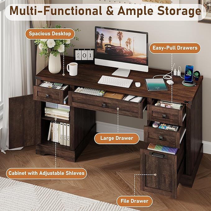 Squireewo 58'' Farmhouse Home Office Desk with Drawers, Wooden Executive Desk with Charging Station, File Drawers and Storage Cabinet, Computer Desk for Work, Study and Writing, Brown