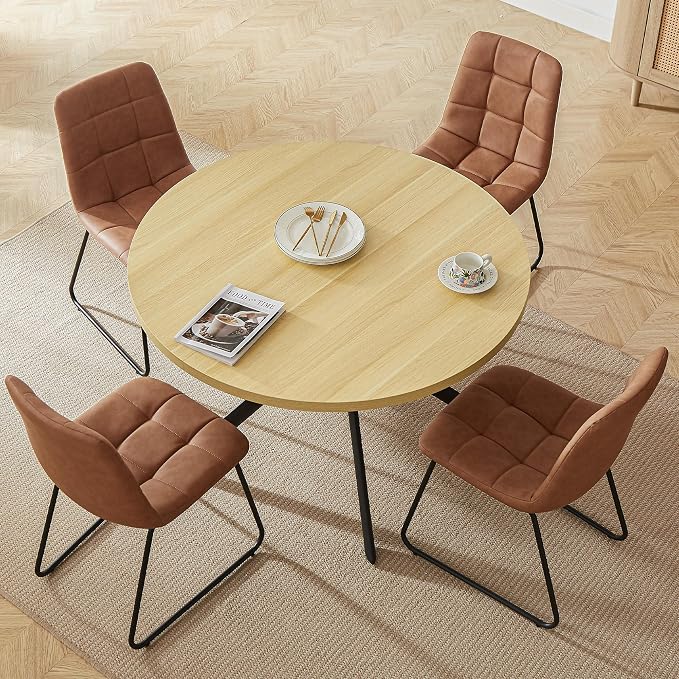 HIPIHOM 45.3 Inch Modern Round Dining Table for 4, Space-Saving Dinette with Carbon Steel Legs for Home Kitchen Apartment(Cream Table)