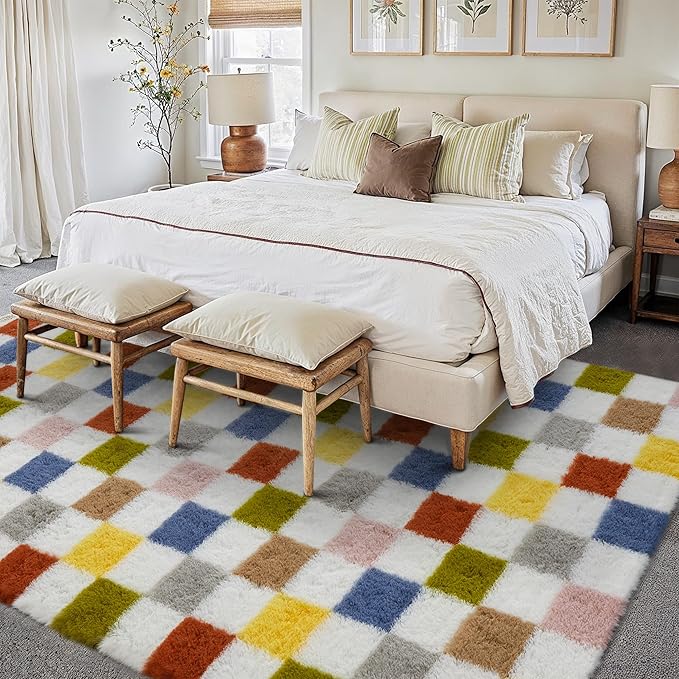 Checkered Rug 8x10 for Living Room, Colorful Modern Shag Rug Washable Non-Slip Large Area Rug Super Soft Indoor Fuzzy Carpet Fluffy Rugs for Bedroom Home Aesthetic Decor