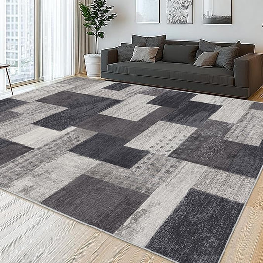 Modern Geometric Patchwork Indoor Area Rug for Living Room, Charcoal 6'x 9' Large Rug Rockwood Collection Hardwood Floors Decor for Bedroom, Grey Throw Carpet for Office Entryway Dining Room