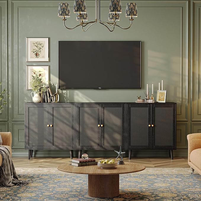 Huuger Buffet Cabinet with Storage, Storage Cabinet with PE Rattan Decor Doors, Accent Sideboard Buffet with Solid Wood Feet, for Hallway, Entry, Living Room, All Black