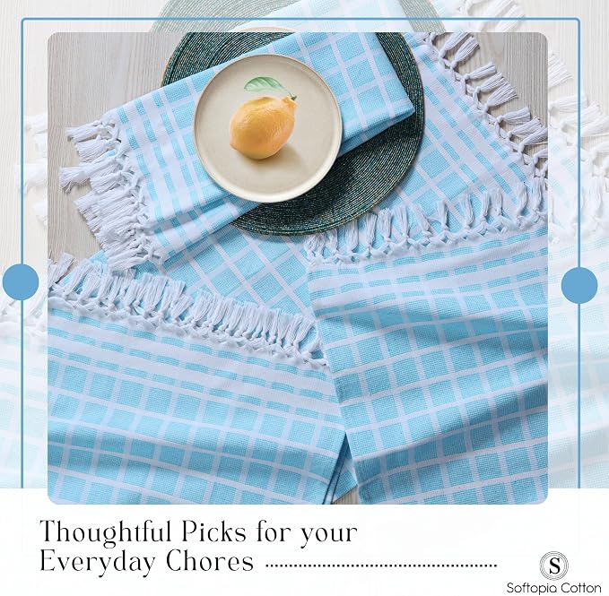 Matrix Dobby Kitchen Towels 4 Pack, 100% Cotton, 16x26 Inches, Handmade Knotted Tassel Tea Towels, Reusable & Absorbent Wash Rags for Drying and Cleaning - Aqua Blue, White