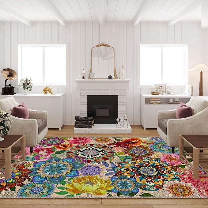 Boho Floral Rug for Living Room 5'x7', Non-Slip Machine Washable Farmhouse Floor Carpet Colorful Flowers Area Rugs for Bedroom Dining Room Boho Home Decor Aesthentic