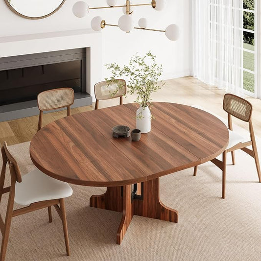 Feonase 59" Round Extendable Dining Room Table for 4-6, Modern Oval Kitchen Table with Heavy Duty Wood Base, Metal Frame Support, for Dining Kitchen Living Room, Easy Assembly, Noise-Free, Walnut