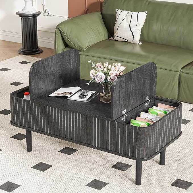 Fluted Lift Top Coffee Table with Storage, Mid Century Modern Coffee Table for Living Room, Home Small Space,39.4" Fluted Center Table (Rectangle-Black, 39.4inch)