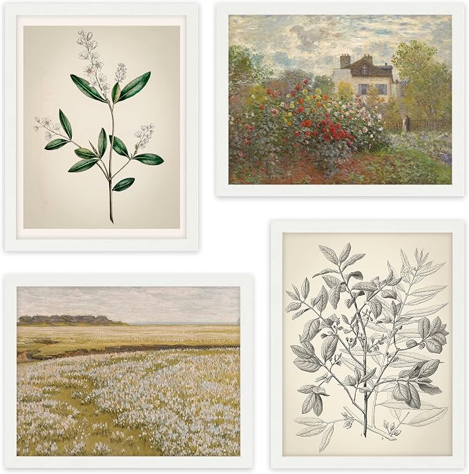 SIGNWIN Framed Poster Bathroom Decor 11"x14"x 4 White, Wall Art Room Decor Multicolor for Living Room, Bedroom, Office Autumn Spring Rustic Flower Landscape Classic Vintage Retro Illustrations