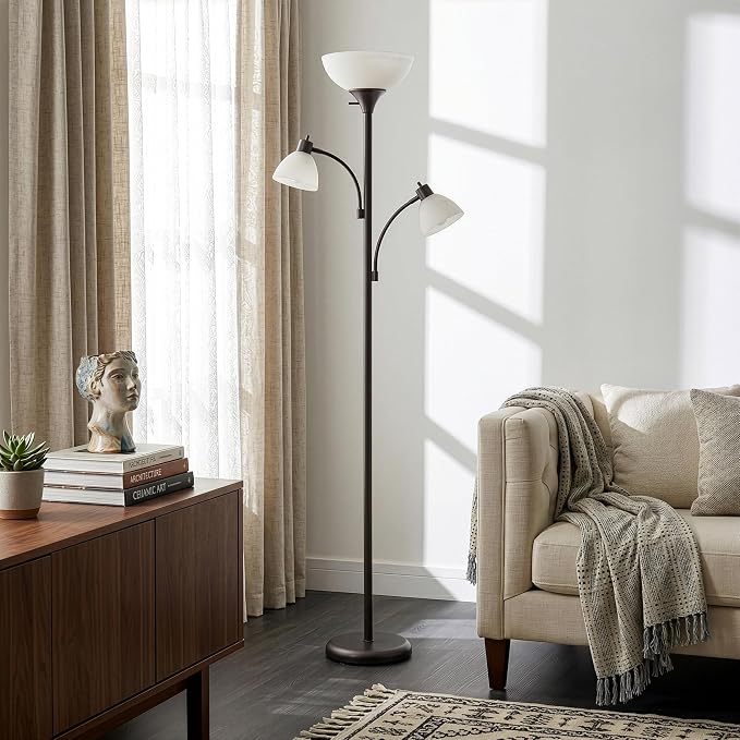 Brightech Sky Dome Double LED Floor lamp, Torchiere Super Bright Floor Lamp with 2 Reading Lamps for Living Rooms & Offices - Dimmable Tall Standing Lamp for Bedroom Reading - Bronze