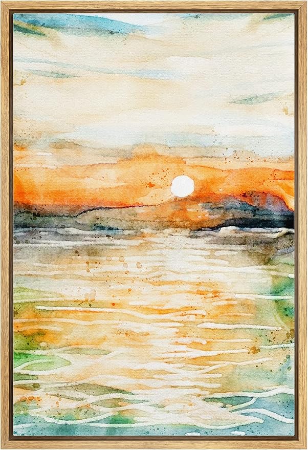 MUDECOR Framed Canvas Print Wall Art Watercolor Explosion Sunset Ocean Abstract Shapes Illustrations Modern Decorative Multicolor Relax/Calm for Living Room, Bedroom, Office - 24"x36" Natural