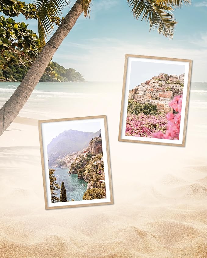 HesenDot Natural OAK Wood Amalfi Coast Framed Wall Art,12x16in Italy Beach Canvas Wall Print, Pink Flowers House Boho Wall Decor for Living Room,Bedroom,Office Gallery Gifts Set of 1
