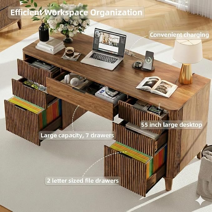Walnut Desk with Drawers, 55" Fluted Executive Desk with Storage Cabinet, Wood Home Office Desk with File Cabinet, Modern Computer Writing Desk for Study, Living Room, Bedroom