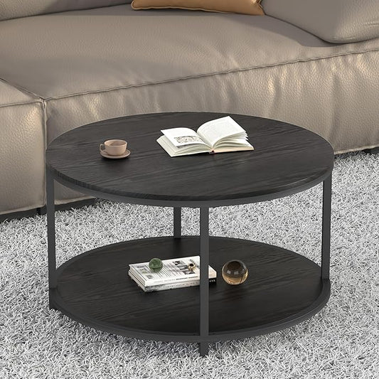 NSdirect Round Coffee Table, 27.6" Small Coffee Table for Living Room,2-Tier Rustic Wood Desktop with Storage Shelf Modern Design Home Furniture(Black)