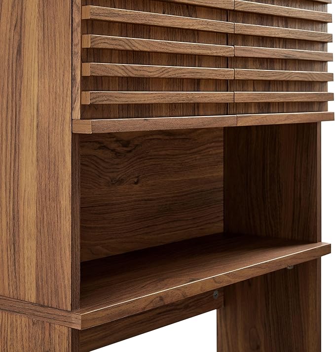 Modway Render Over The Toilet Storage Cabinet in Walnut - Modern Bathroom Organizer with Open Shelf, 2 Soft-Close Doors, Wall Cabinet for Above Toilet Storage - Linen Cabinet with Adjustable Shelves