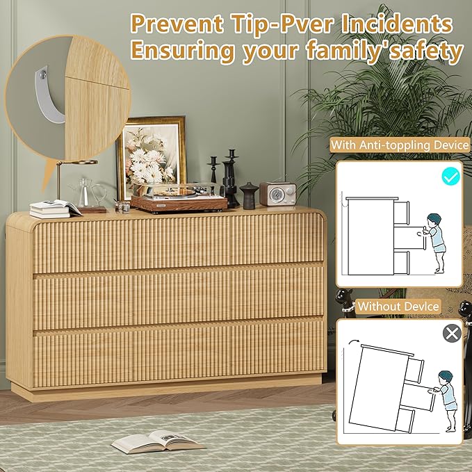 Oak Dresser Fluted 9 Drawers Dresser for Bedroom, 59" Wide Wood Chest of Drawers with Hidden Handles & Rounded Corners, Modern TV Stand Storage Cabinet for Living Room, Hallway, Entryway