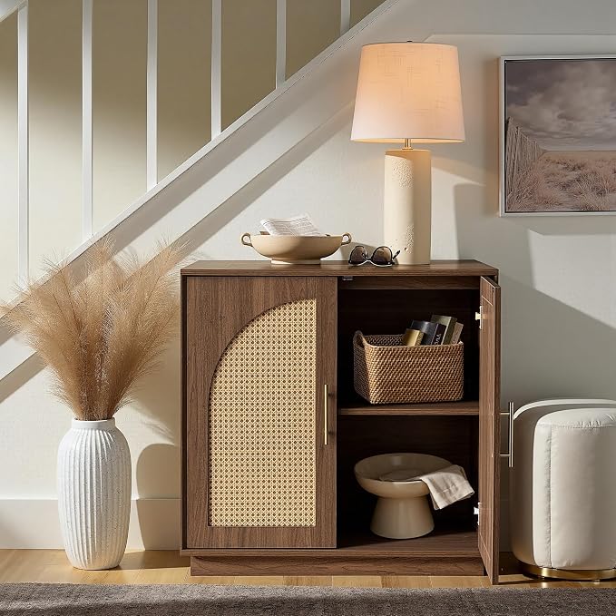 FORTUNETEC Sideboard Buffet Cabinet with Storage Set of 2, Modern Accent Cabinet with Rattan Arched Doors, Modular Media Console, Boho Credenza for Living Room Kitchen Dining Room Entryway, Walnut