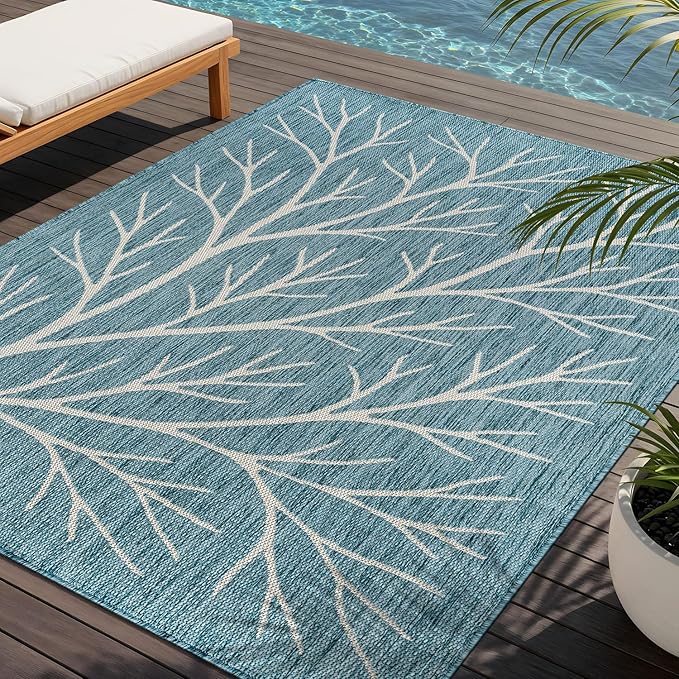 Washable Indoor Outdoor Rug 6x9 Modern Area Rugs Branch Pattern Non Shedding Waterproof Easy Clean Patio Deck Porch Living Room Bedroom Garden RV (6 X 9 Aqua)