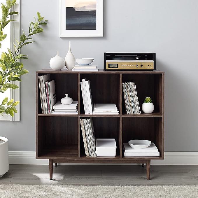 Crosley Furniture Liam Record Storage Cube Bookcase with 6 Cubes, Vinyl Record Holder and Bookshelf, Walnut