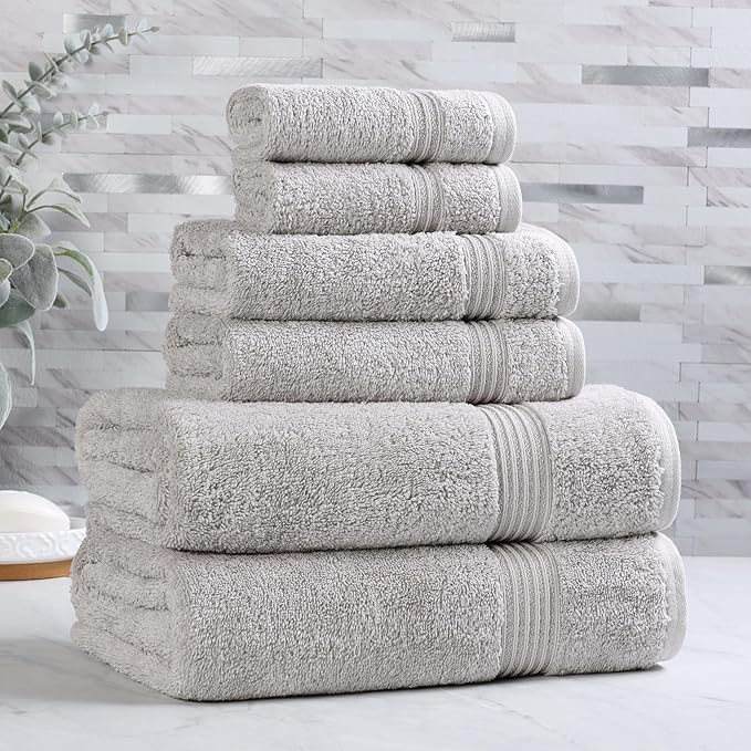 Superior Heritage Egyptian Cotton 6 Piece Towel Set, Heavyweight Towels for Bathroom, Guest Bath, Luxury Home Decor, Plush Absorbent Essentials, Includes 2 Bath, 2 Hand, 2 Face Towels, Silver