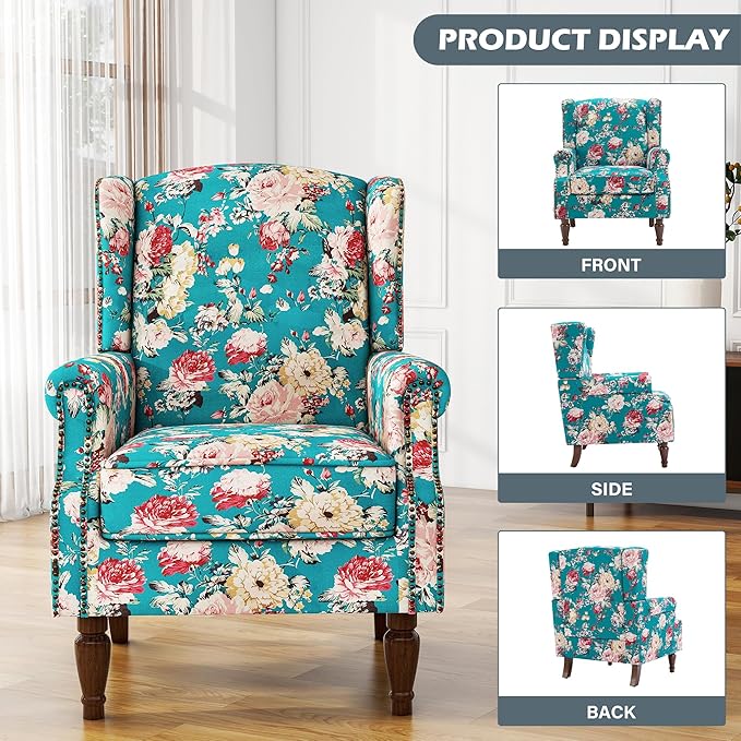 High Back Floral Accent Chair, Upholstered Armchair in Fabric, Retro Printed Wingback Arm Chair for Living Room, Nailhead Trim Single Sofa Bedroom Reading Seat - Peacock Blue