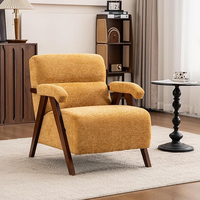 Accent Chair Mid Century Modern Living Room Chairs with Thick Cushion Comfy Upholstered Armchair Cozy Small Side Chairs for Reading Room Bedroom Yellow