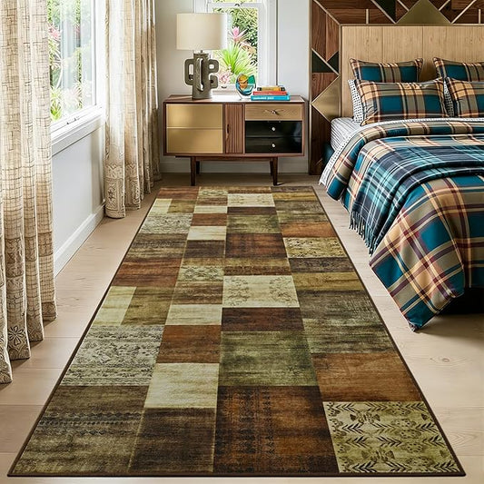 Tepook Modern Runner Rug for Living Room, 2x6 Washable Rugs for Bedroom Hallway, Geometric Patchwork Runner Rug Non-Slip Indoor Throw Carpet for Entryway Kitchen Office Home Decor, Brown