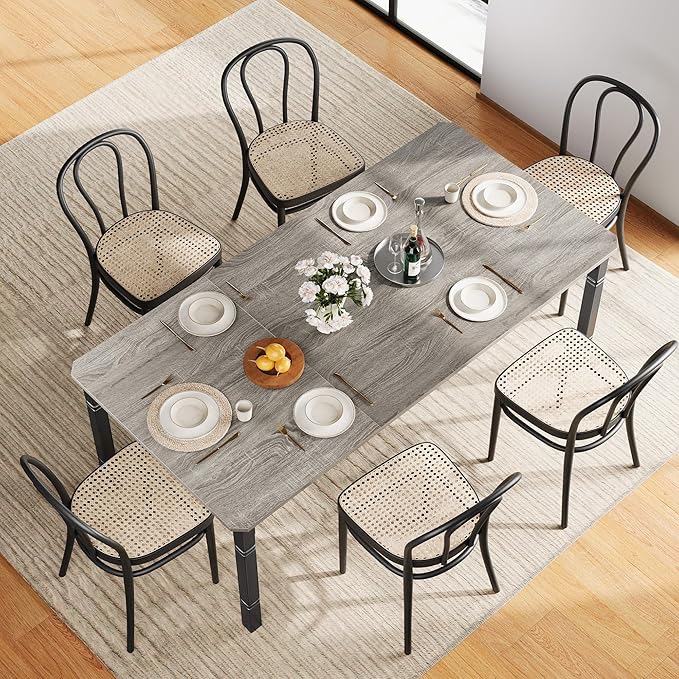 IDEALHOUSE 79" Dining Table for 6-8 People, Modern Rectangular Kitchen Table with Sturdy Metal Legs, Large Wood Farmhouse Dining Room Table for Home Office, Conference, Black & Greige