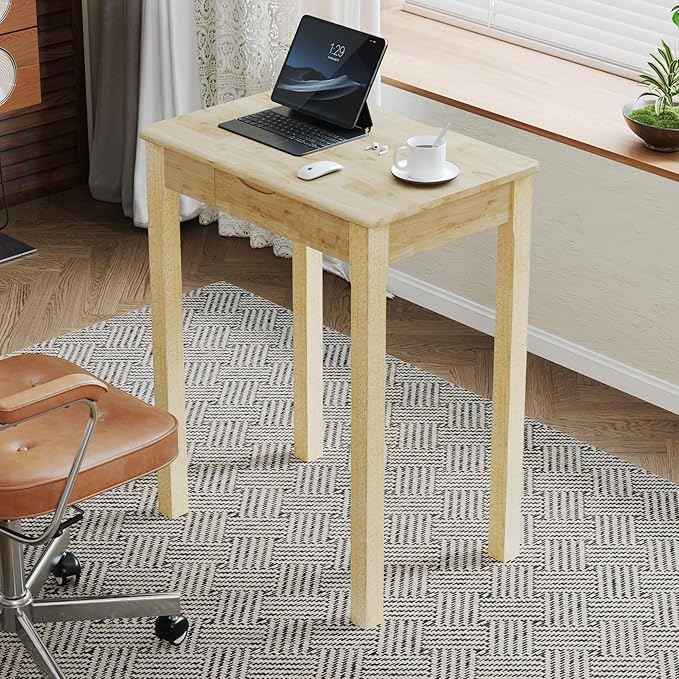 Solid Wooden Desk with Drawers - 24 x 16 Inch Narrow Desks for Small Spaces, Rubberwood Simple Study Table, Small Writing Desk for Bedroom - Natural Boho Desks