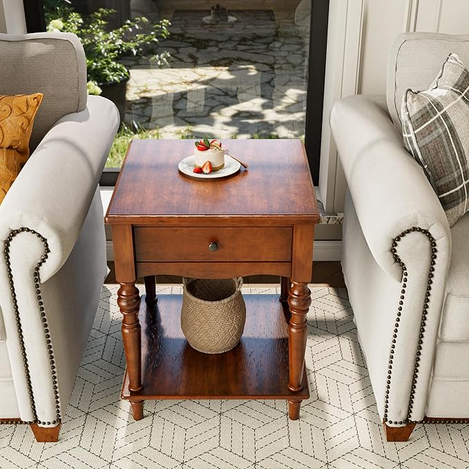 Solid Wood End Table with Drawer and Storage Shelf, Antique Designed Beside Table with Solid Wood Roman Legs, Square Accent Tables with Hand Carved for Living Room, Bedroom Cherry Brown