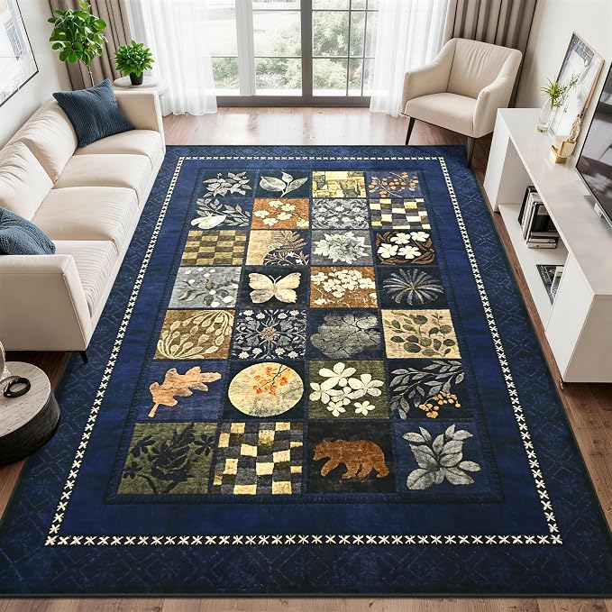 Tepook 5x7 Area Rugs for Living Room, Modern Large Geometric Rug for Bedroom, Washable Patchwork Rug Indoor Non Slip Throw Carpets for Dining Room Office Farmhouse Home Decor, Navy Blue
