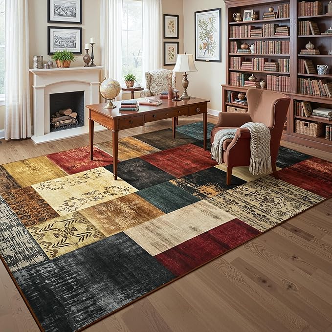 Tepook Modern Area Rug for Living Room, 6x9 Geometric Large Rugs for Bedroom, Washable Patchwork Rug Indoor Non-Slip Throw Carpets for Dining Room Office Farmhouse Home Decor, Multi