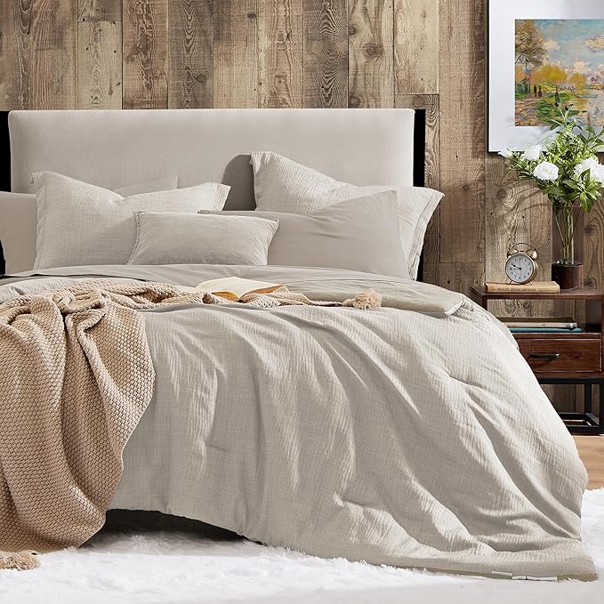Geniospin Full Comforter Set - 7 Pieces Comforter Full Size, Solid Bedding Sets for All Season, Textured Bed in a Bag with Flat Sheet and Fitted Sheet, Pillowcases and Shams (Ivory, 80''x90'')
