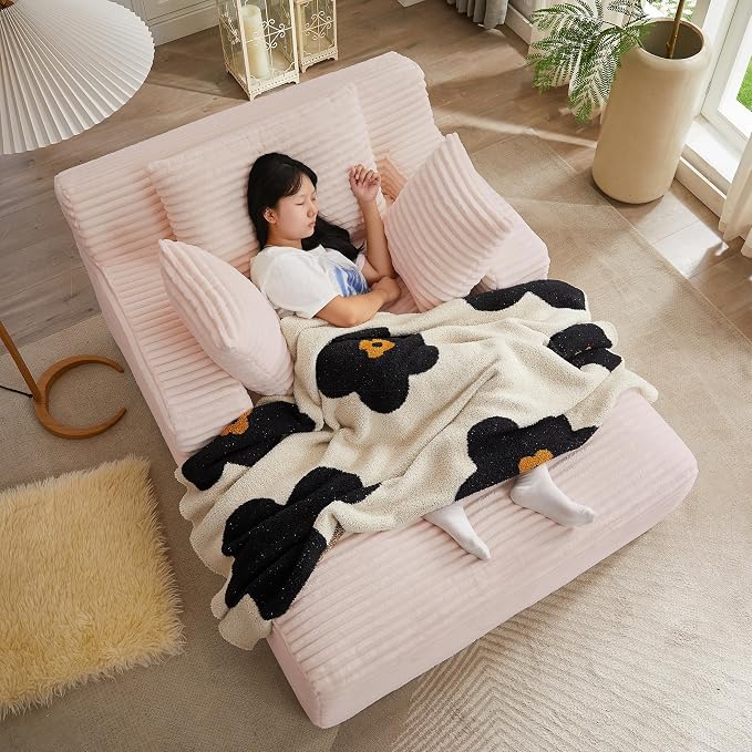 50 Inch Oversized Chaise Lounge Chair, Corduroy Upholstered Sleeper Sofa Bed with Spring Cushion, No Assembly Lazy Boneless Chaise Lounge for Bedroom Office, Pink
