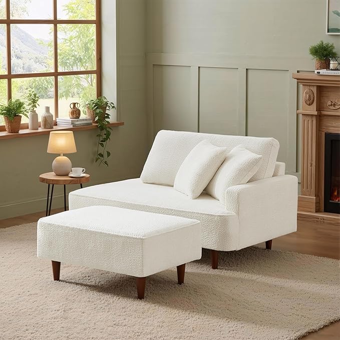 GDFStudio Upholstered Chaise Lounge Chair Indoor with Ottoman, Boucle Fabric Chaise Chair with 2 Throw Pillows and Solid Wood Legs, Recliner Lounge Chair for Office Living Room Bedroom, White