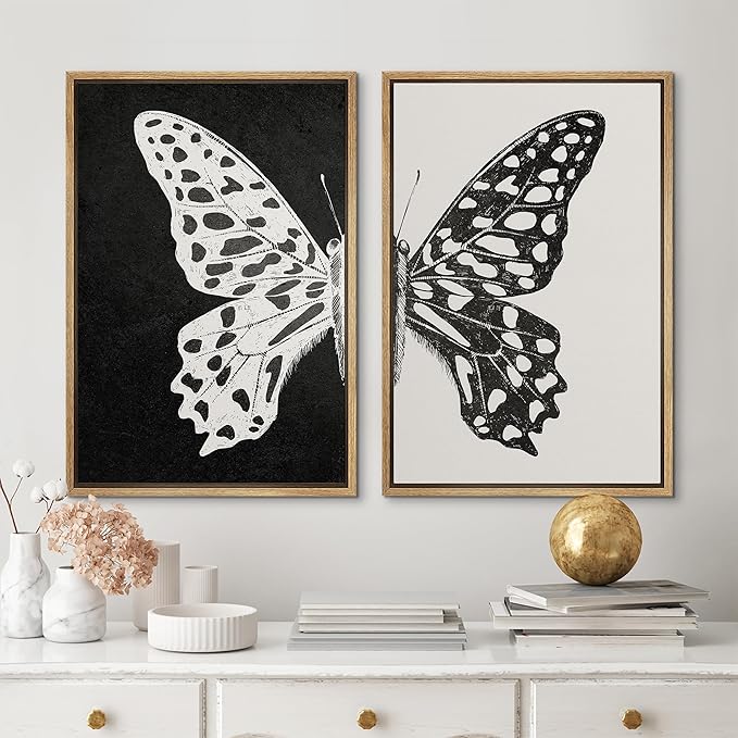 MUDECOR Framed Canvas Wall Art Black and White Butterfly Prints Minimalist Modern Art Boho Wall Decor for Bedroom - 24"x36"x2 Natural