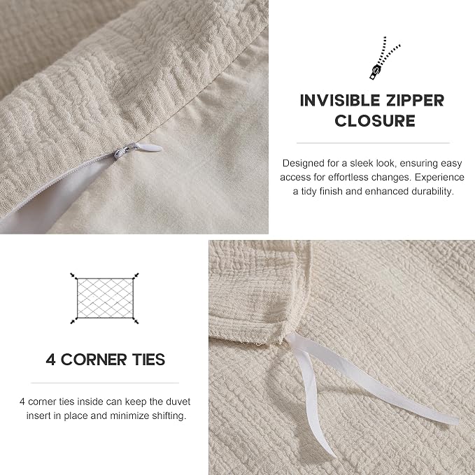 Simple&Opulence Linen Muslin Duvet Cover Set King Size, 3Pcs Grey Linen Cotton 3-Layer Gauze Minimalist Comforter Cover 104”x92”, Ultra Soft Breathable Seersucker Bedding Set with 2 Pillowcases