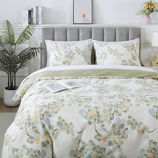 HoneiLife Duvet Dover King Size - 100% Cotton Comforter Cover Botanical Bedlinen Set with Zipper Closure & Corner Ties, 3-PC Forest Comforter Cover Sets