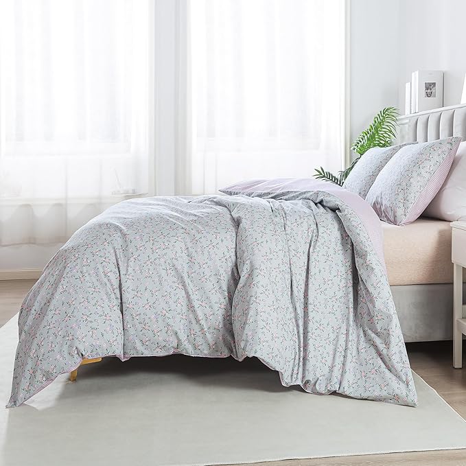 HoneiLife Floral Duvet Cover King - 100% Cotton Comforter Cover, Botanical Bedlinen Set with Zipper Closure & Corner Ties, 3-PC Wildflower Comforter Cover Sets