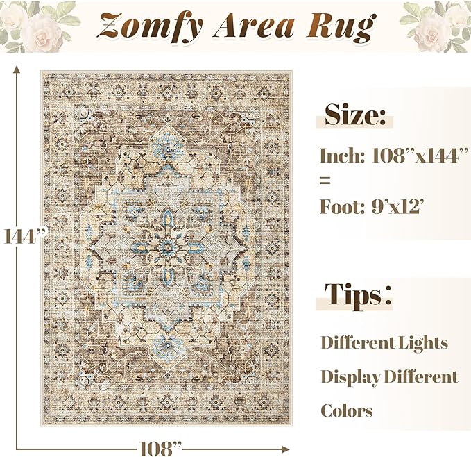 Area Rug 9x12 Vintage Rug: Large Washable Indoor Medallion Rugs Low Pile Distressed Floor Carpet Retro Accent Rug for Living Room Bedroom Kitchen Dining Table Home Office(Brown/Blue, 9'x12')