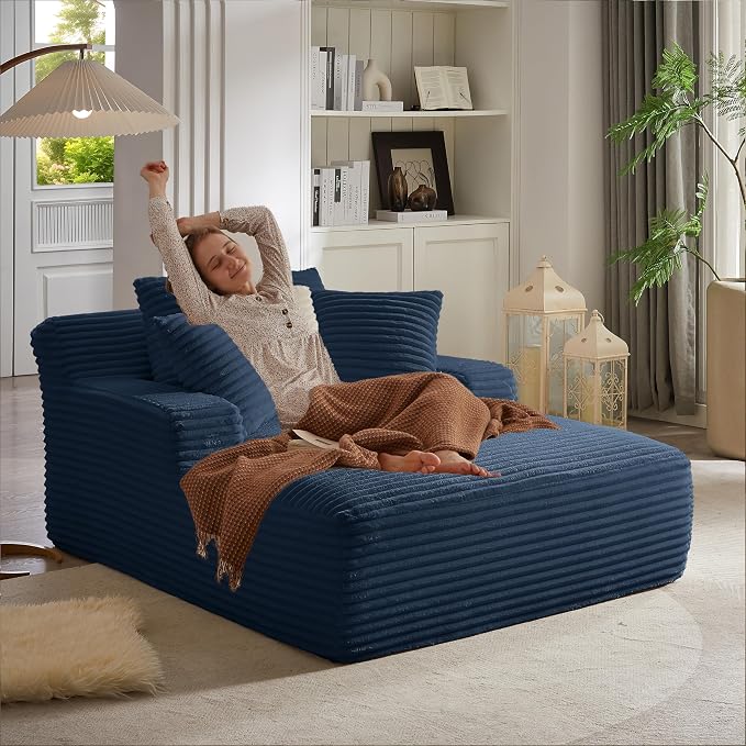 50" Chaise Lounge Chair Indoor, Corduroy Lazy Sofa Bed Sleeper Chair with 3 Pillows & Spring Cushion, Oversized Reading Chair for Living Room Apartment, Blue