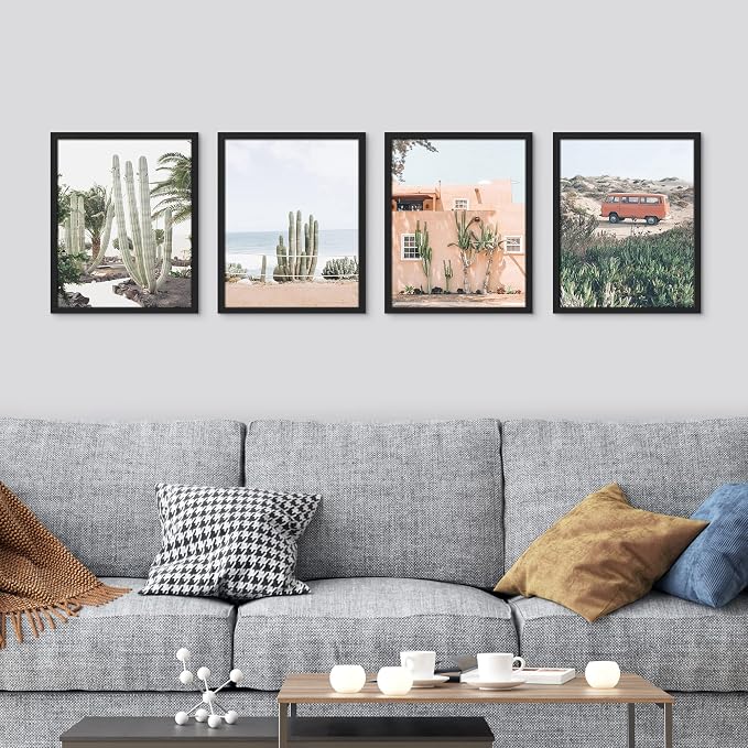 SIGNWIN Framed Cactus Desert Wall Art, Set of 4 Cactus Desert Wall Decor Prints, Nature Wilderness Wall Décor for Living Room, Bedroom - 11"x14"x 4 Black