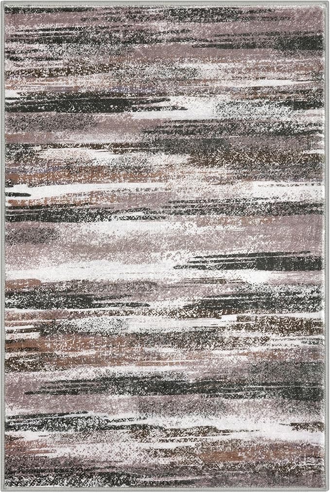 Lansny Modern Abstract 6x9 Machine Washable Living Room Rug Non-Slip Soft Bedroom Area Rug Dark Light Brown White Ultra Thin Print Faux Wool Floor Carpet Throw Rugs for Dining Room Indoor Office