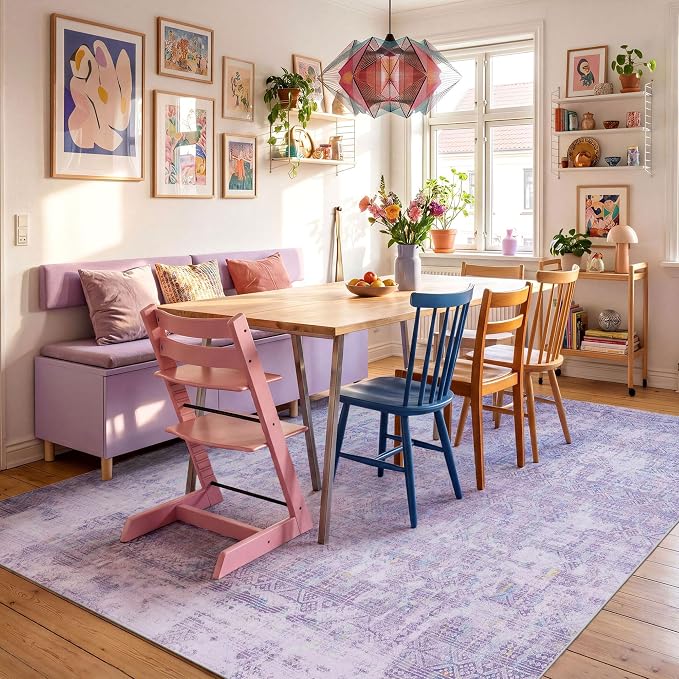 Kokia Abstract Area Rugs 9x12 Bedroom Washable Decor Low Pile Non-Slip Non-Shedding Indoor Lavender Carpet Foldable Stain Resistant Floor Mat Living Room Dining Room